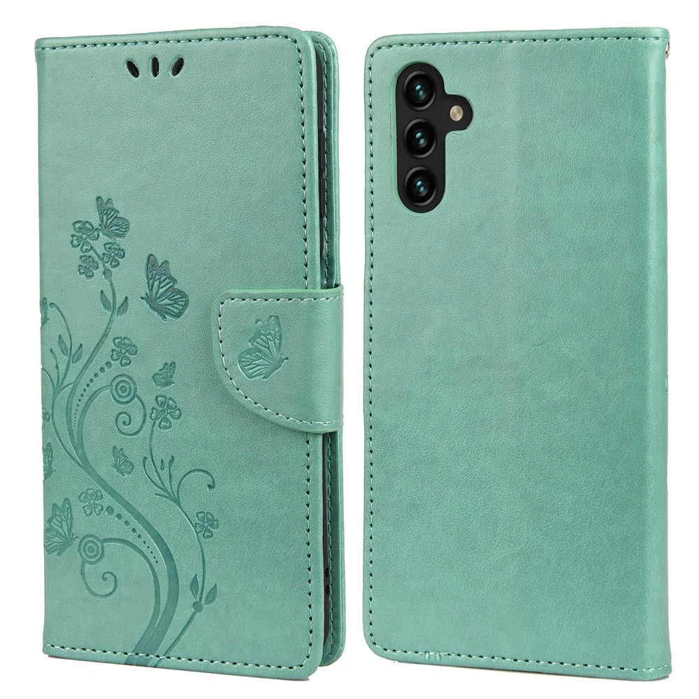Imprinting Butterfly Flower PU Leather Adjustable Stand Wallet Phone Case for Samsung Galaxy A13 5G / A04s 4G (164.7mm) - Green - 1
