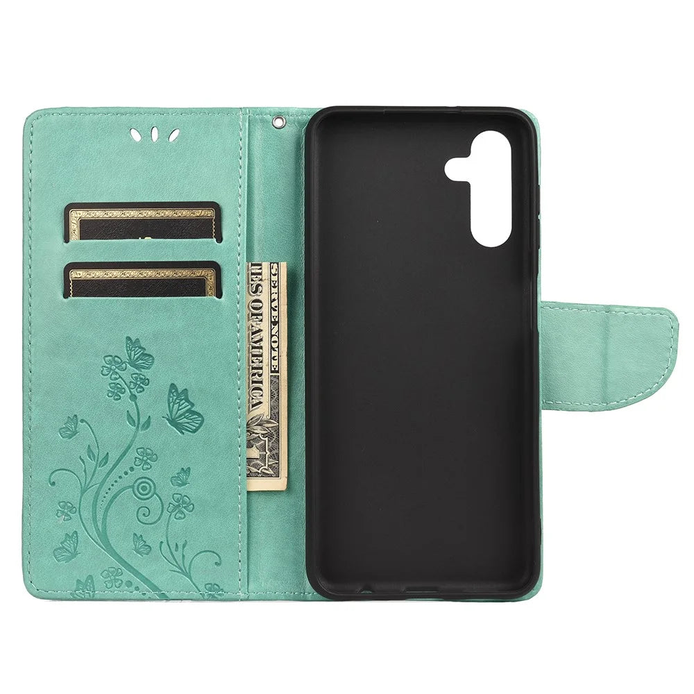 Imprinting Butterfly Flower PU Leather Adjustable Stand Wallet Phone Case for Samsung Galaxy A13 5G / A04s 4G (164.7mm) - Green - 4