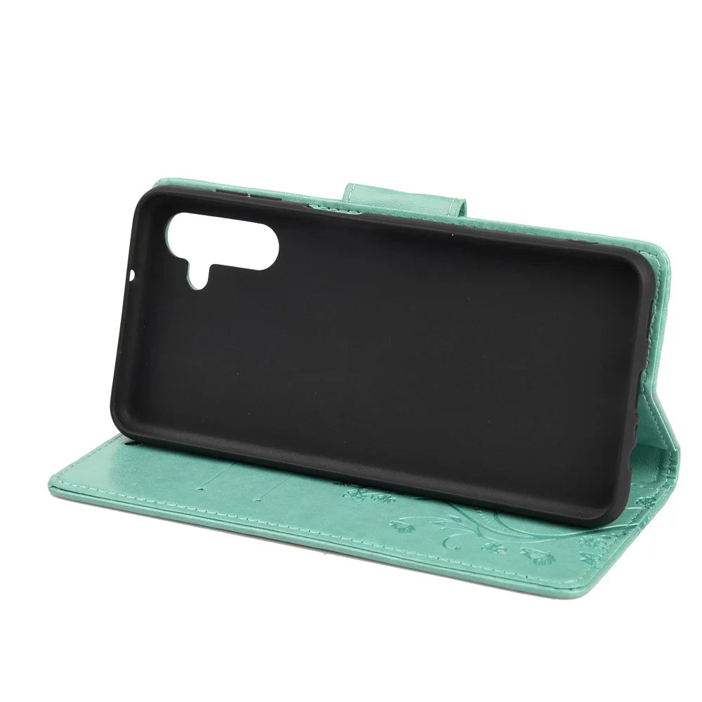 Imprinting Butterfly Flower PU Leather Adjustable Stand Wallet Phone Case for Samsung Galaxy A13 5G / A04s 4G (164.7mm) - Green - 5