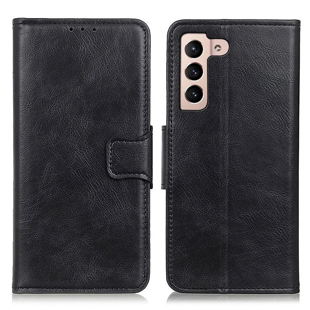 Anti-Scratch Crazy Horse Texture PU Leather Folio Flip Wallet Case Soft TPU Interior Stand Protective Phone Cover for Samsung Galaxy S22 5G - Black - 1