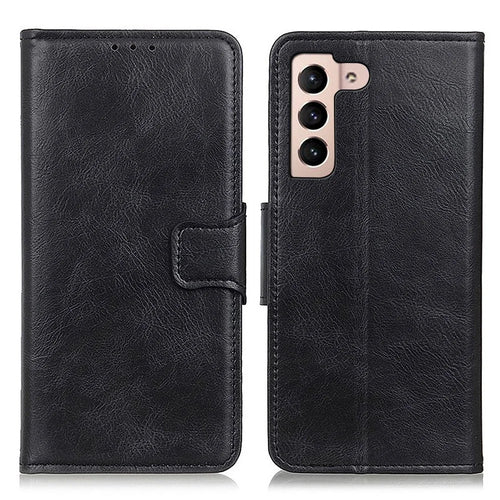 Anti-Scratch Crazy Horse Texture PU Leather Folio Flip Wallet Case Soft TPU Interior Stand Protective Phone Cover for Samsung Galaxy S22 5G - Black - 1