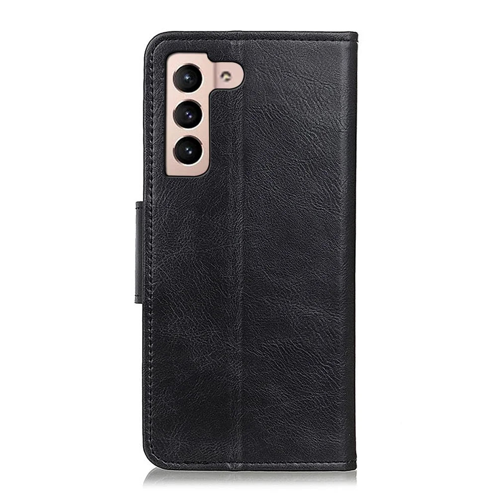Anti-Scratch Crazy Horse Texture PU Leather Folio Flip Wallet Case Soft TPU Interior Stand Protective Phone Cover for Samsung Galaxy S22 5G - Black - 3