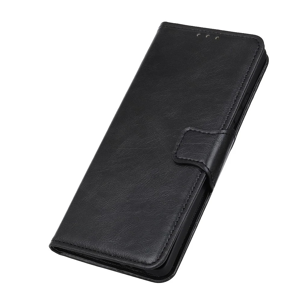 Anti-Scratch Crazy Horse Texture PU Leather Folio Flip Wallet Case Soft TPU Interior Stand Protective Phone Cover for Samsung Galaxy S22 5G - Black - 6