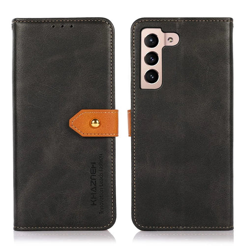 KHAZNEH Magnetic Golden Clasp PU Leather Stand Wallet Protective Cover for Samsung Galaxy S22 5G - Black - 1