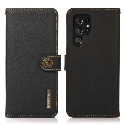 KHAZNEH Impact-proof Textured Genuine Leather Phone Case with Anti-theft Swiping Design for Samsung Galaxy S22 Ultra 5G - Black - 1