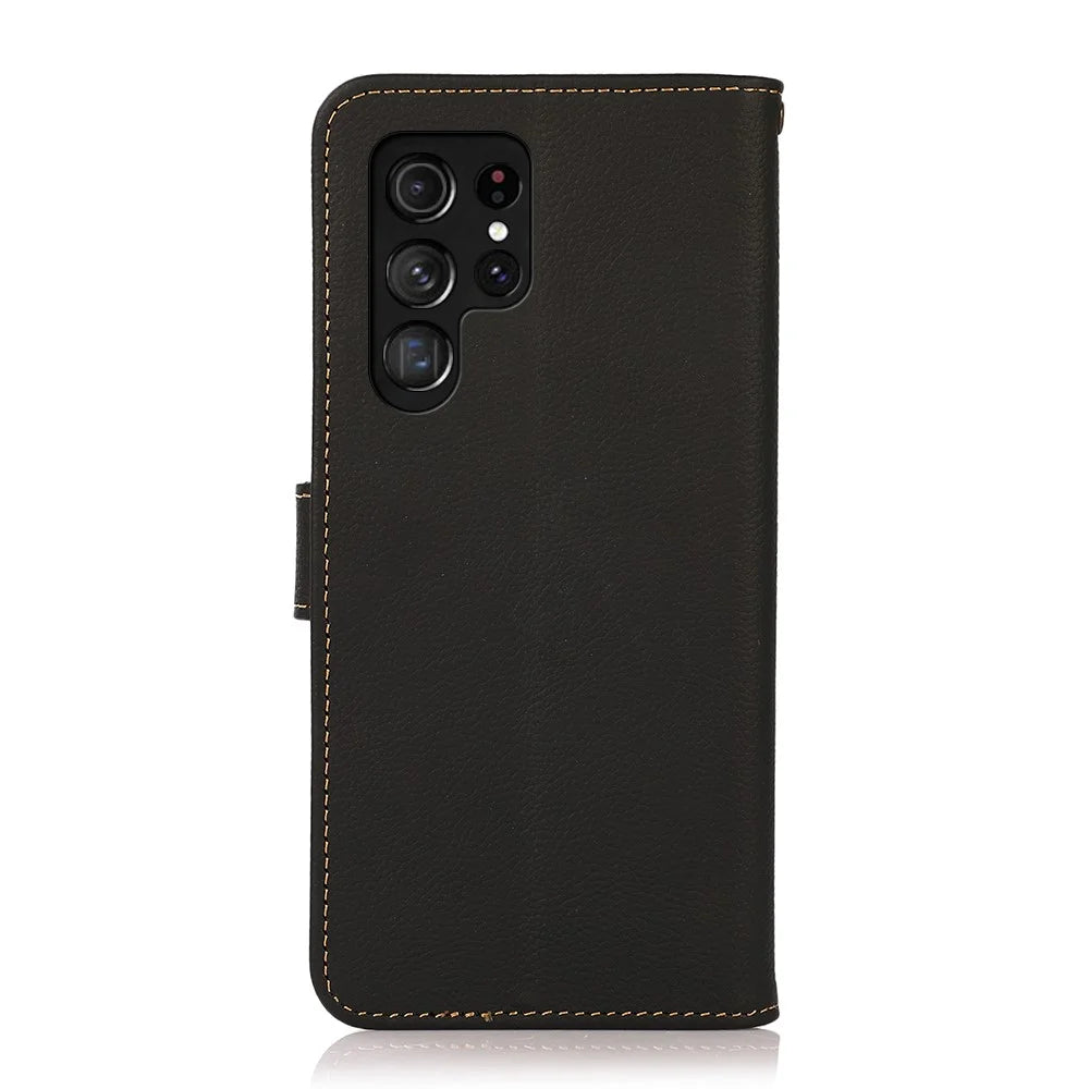 KHAZNEH Impact-proof Textured Genuine Leather Phone Case with Anti-theft Swiping Design for Samsung Galaxy S22 Ultra 5G - Black - 3