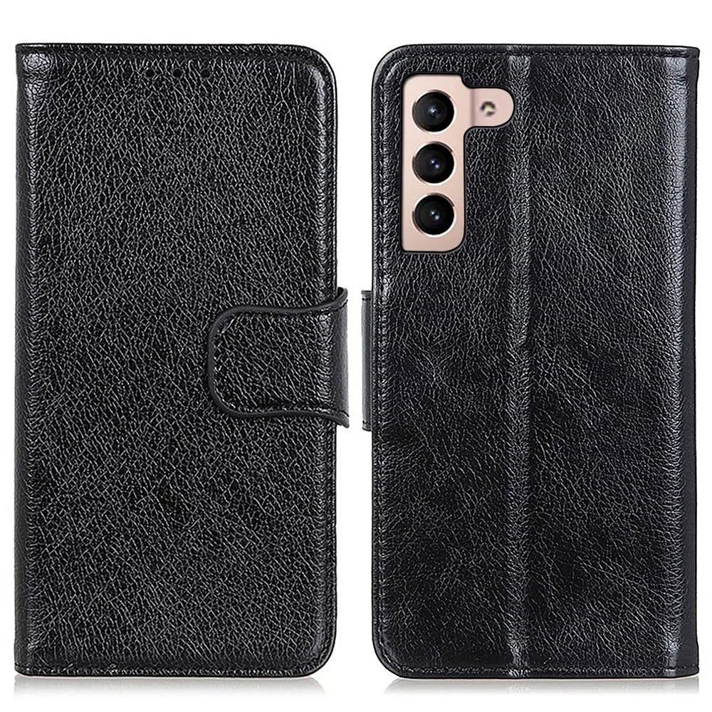 For Samsung Galaxy S22 5G Nappa Texture Split Leather Wallet Stand Flip Protective Cover with Magnetic Closure - Black - 1