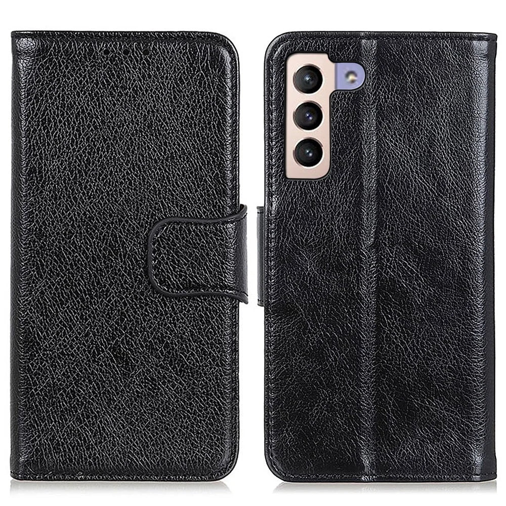 Split Leather Nappa Texture Wallet Stand Flip Protective Cover with Magnetic Closure for Samsung Galaxy S22+ 5G - Black - 1