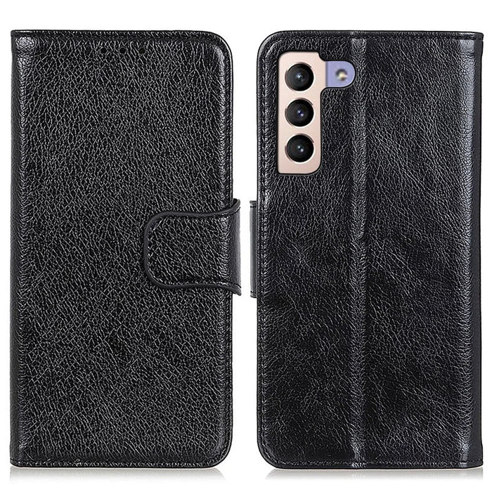 Split Leather Nappa Texture Wallet Stand Flip Protective Cover with Magnetic Closure for Samsung Galaxy S22+ 5G - Black - 1