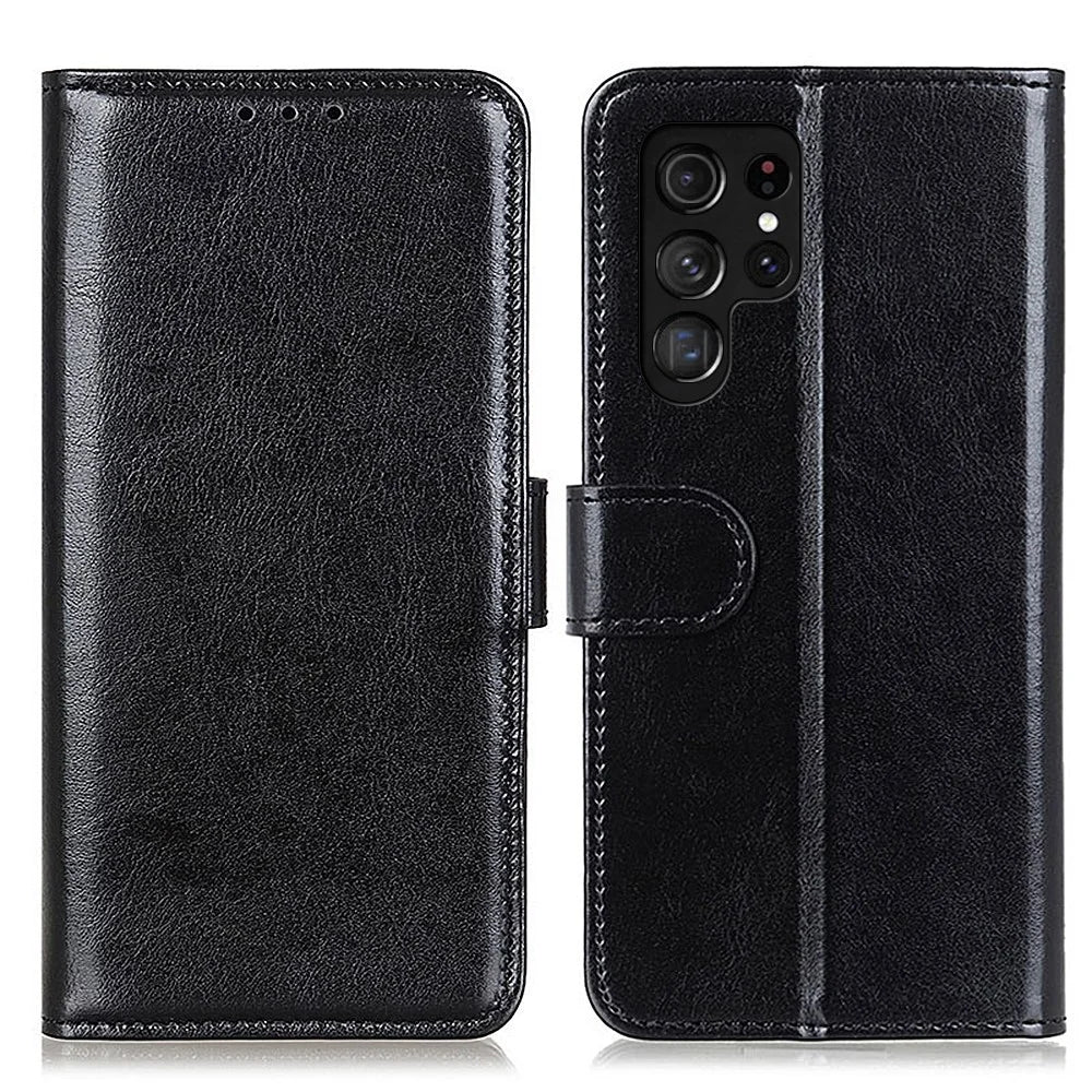 Crazy Horse Texture Folio Flip Wallet Case PU Leather Magnetic Closure Full Body Protection Stand Phone Cover for Samsung Galaxy S22 Ultra 5G - Black - 1