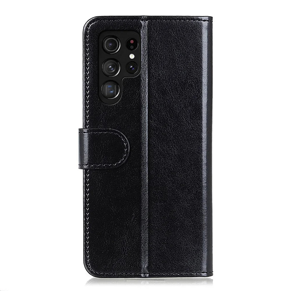 Crazy Horse Texture Folio Flip Wallet Case PU Leather Magnetic Closure Full Body Protection Stand Phone Cover for Samsung Galaxy S22 Ultra 5G - Black - 3