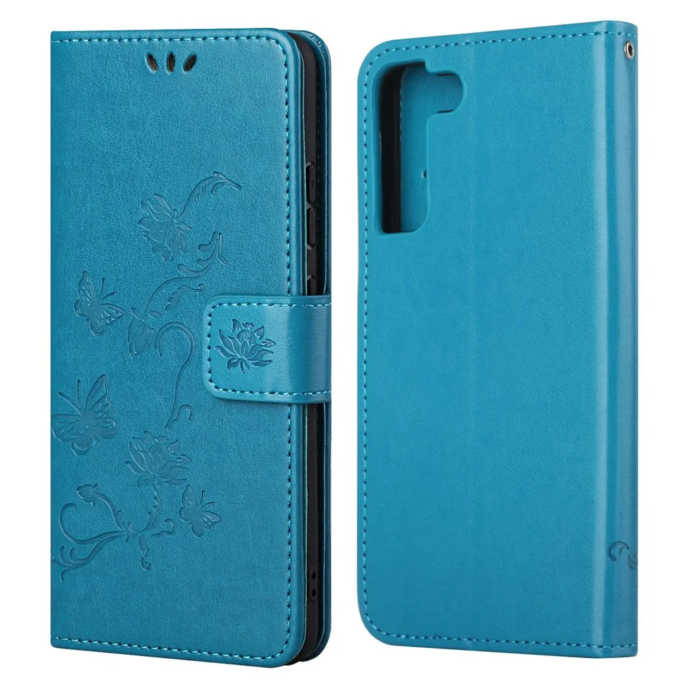 Stylish Butterfly and Flower Imprinting PU Leather Wallet Magnetic Flip Stand Shockproof Cover with Strap for Samsung Galaxy S22+ 5G - Blue - 1