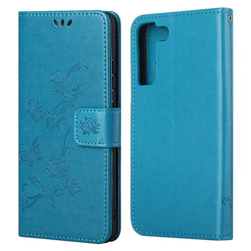 Stylish Butterfly and Flower Imprinting PU Leather Wallet Magnetic Flip Stand Shockproof Cover with Strap for Samsung Galaxy S22+ 5G - Blue - 1