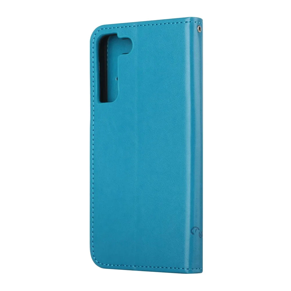 Stylish Butterfly and Flower Imprinting PU Leather Wallet Magnetic Flip Stand Shockproof Cover with Strap for Samsung Galaxy S22+ 5G - Blue - 3