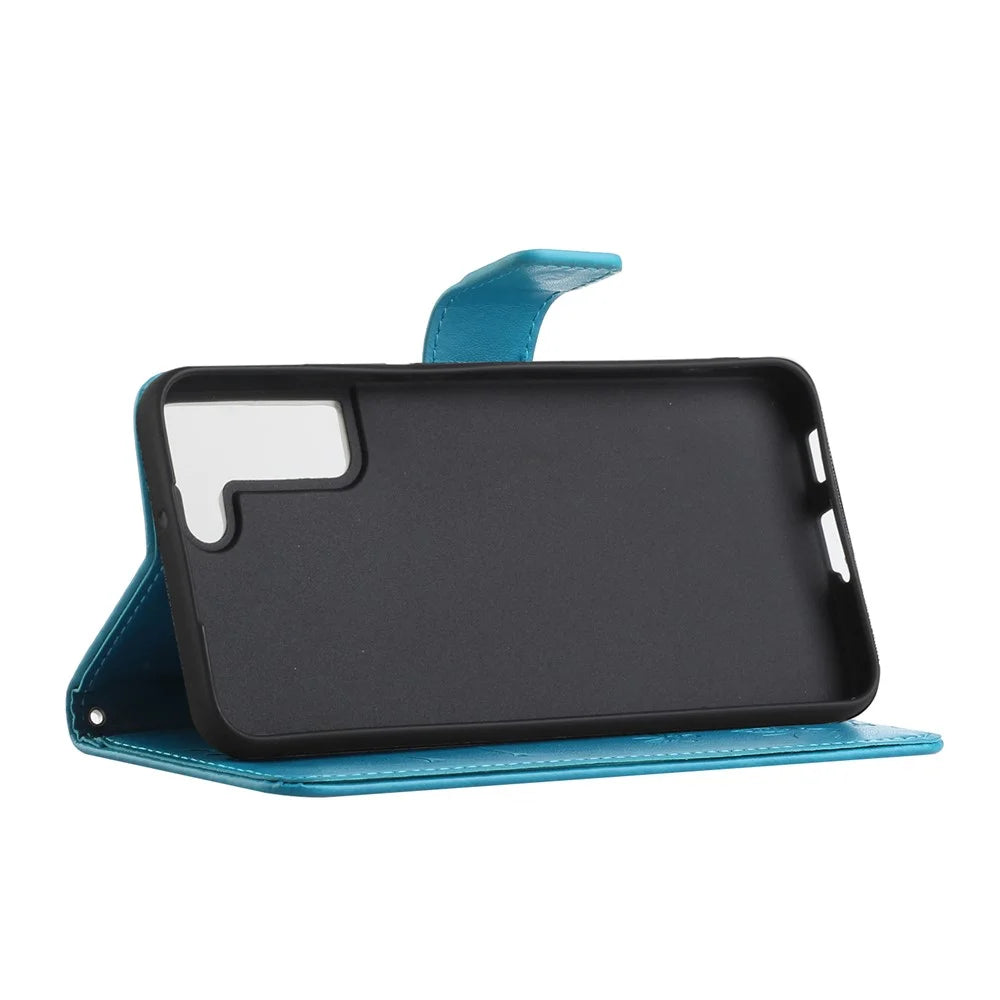 Stylish Butterfly and Flower Imprinting PU Leather Wallet Magnetic Flip Stand Shockproof Cover with Strap for Samsung Galaxy S22+ 5G - Blue - 4