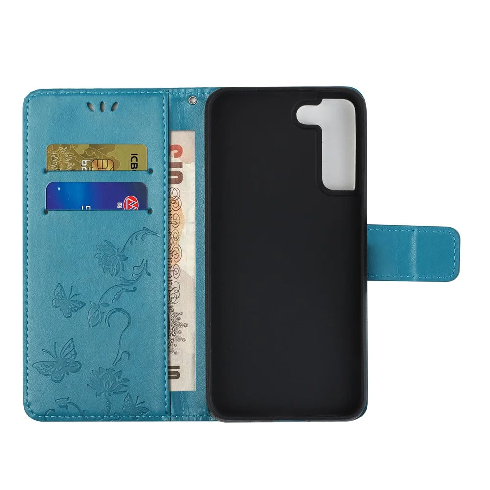 Stylish Butterfly and Flower Imprinting PU Leather Wallet Magnetic Flip Stand Shockproof Cover with Strap for Samsung Galaxy S22+ 5G - Blue - 5