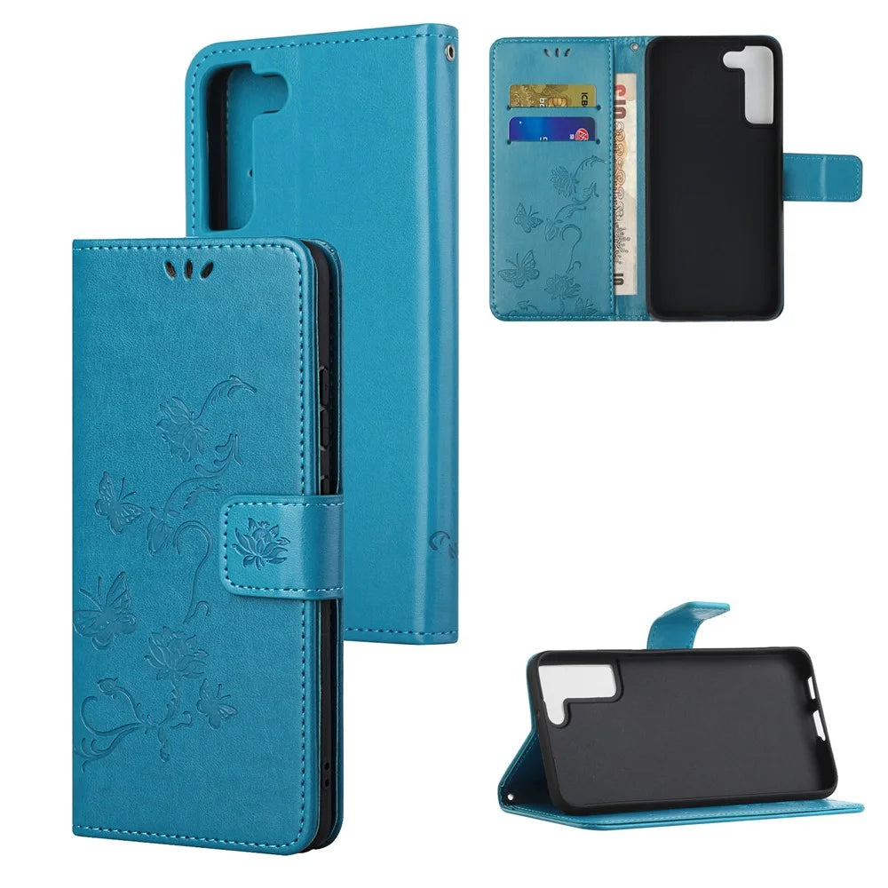 Stylish Butterfly and Flower Imprinting PU Leather Wallet Magnetic Flip Stand Shockproof Cover with Strap for Samsung Galaxy S22+ 5G - Blue - 6