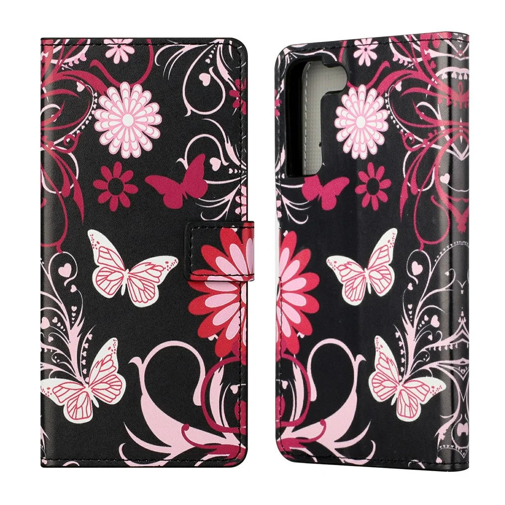 Magnetic Clasp Pattern Printing PU Leather Wallet Stand Phone Case Cover for Samsung Galaxy S22 5G - Butterflies and Flowers - 1