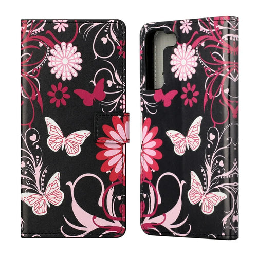 Magnetic Clasp Pattern Printing PU Leather Wallet Stand Phone Case Cover for Samsung Galaxy S22 5G - Butterflies and Flowers - 1