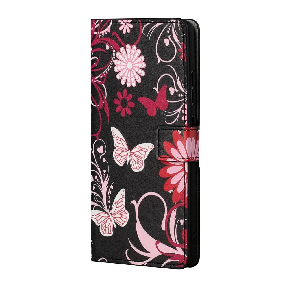 Magnetic Clasp Pattern Printing PU Leather Wallet Stand Phone Case Cover for Samsung Galaxy S22 5G - Butterflies and Flowers - 2