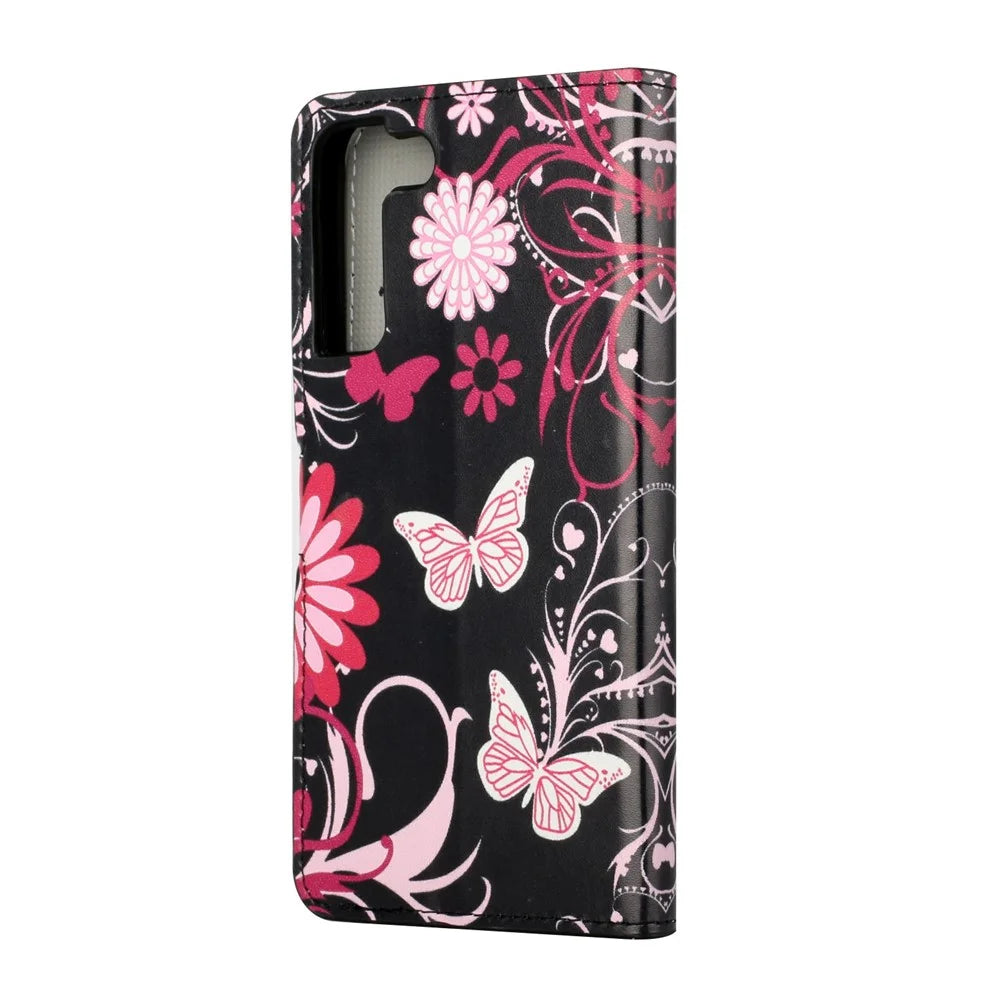 Magnetic Clasp Pattern Printing PU Leather Wallet Stand Phone Case Cover for Samsung Galaxy S22 5G - Butterflies and Flowers - 3