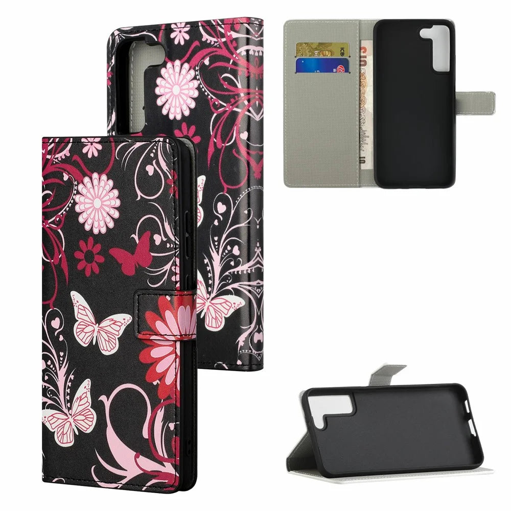 Magnetic Clasp Pattern Printing PU Leather Wallet Stand Phone Case Cover for Samsung Galaxy S22 5G - Butterflies and Flowers - 6
