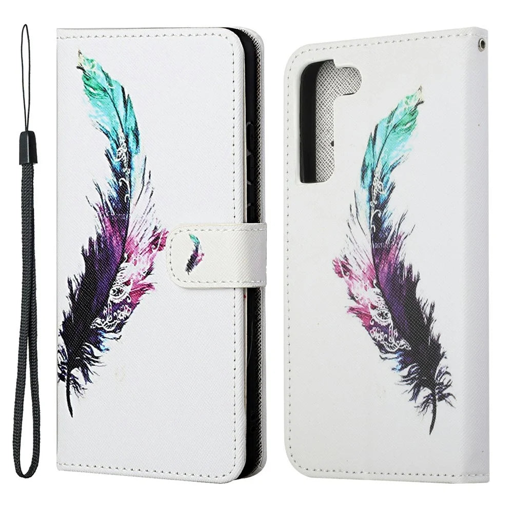 Pattern Printing Cross Texture Wallet Stand Leather Phone Case Protector for Samsung Galaxy S22+ 5G - Colorful Feather - 1