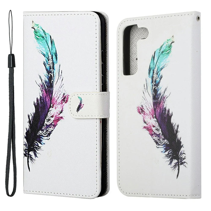 Pattern Printing Cross Texture Wallet Stand Leather Phone Case Protector for Samsung Galaxy S22+ 5G - Colorful Feather - 1