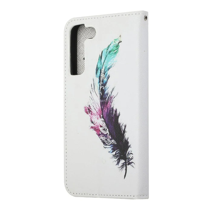 Pattern Printing Cross Texture Wallet Stand Leather Phone Case Protector for Samsung Galaxy S22+ 5G - Colorful Feather - 4