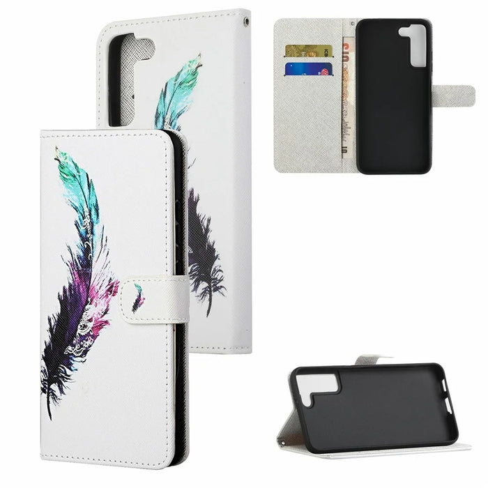 Pattern Printing Cross Texture Wallet Stand Leather Phone Case Protector for Samsung Galaxy S22+ 5G - Colorful Feather - 7