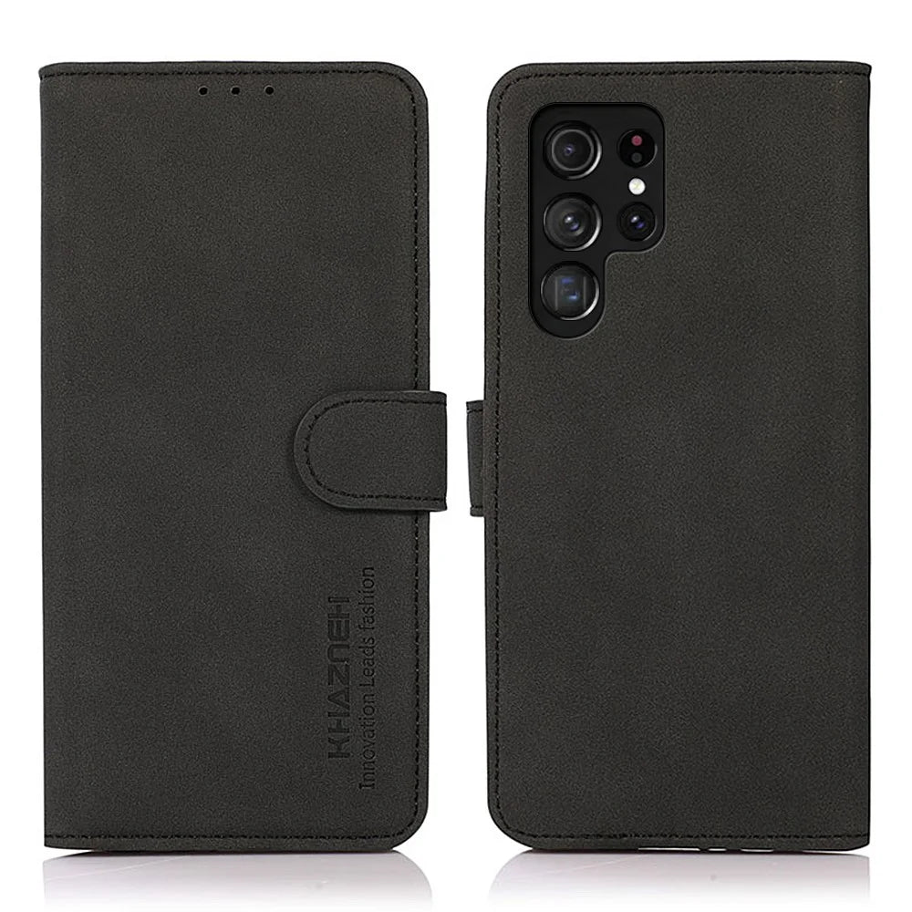 KHAZNEH Magnetic Closure Shockproof PU Leather Wallet Cover Stand Design Phone Case for Samsung Galaxy S22 Ultra 5G - Black - 1