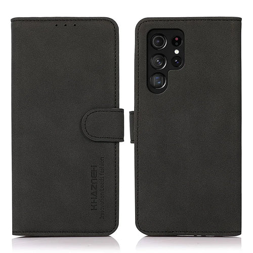 KHAZNEH Magnetic Closure Shockproof PU Leather Wallet Cover Stand Design Phone Case for Samsung Galaxy S22 Ultra 5G - Black - 1