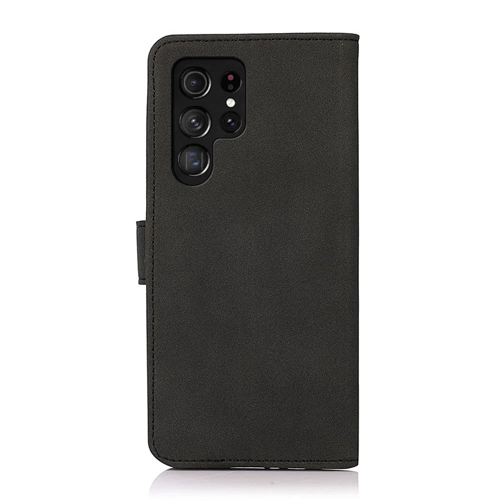 KHAZNEH Magnetic Closure Shockproof PU Leather Wallet Cover Stand Design Phone Case for Samsung Galaxy S22 Ultra 5G - Black - 3