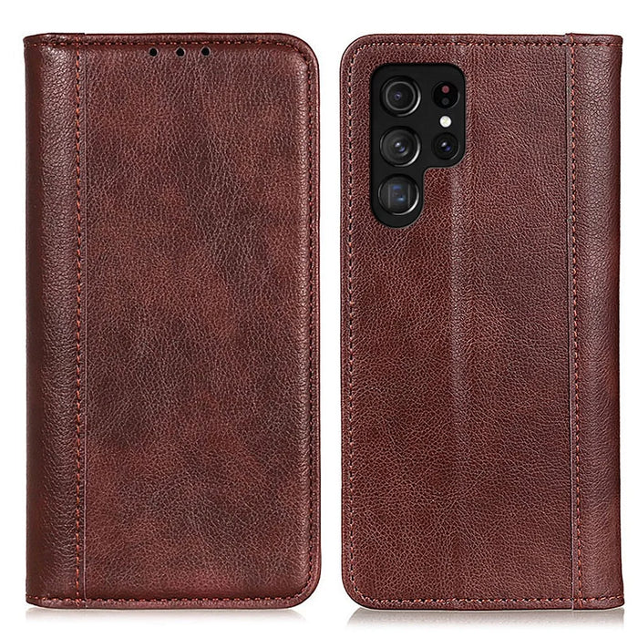 Auto Closing Magnet Litchi Texture Split Leather Wallet Stand Phone Shell Case for Samsung Galaxy S22 Ultra 5G - Brown - 1