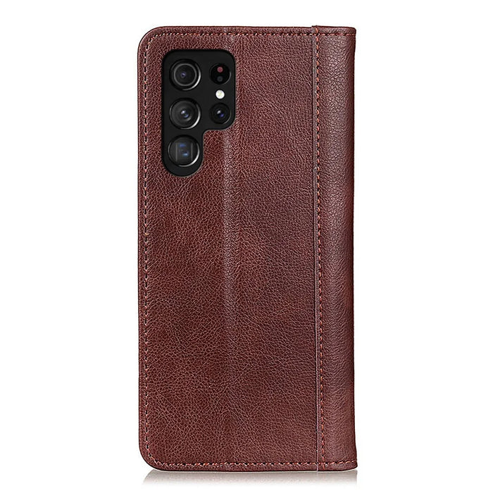 Auto Closing Magnet Litchi Texture Split Leather Wallet Stand Phone Shell Case for Samsung Galaxy S22 Ultra 5G - Brown - 3