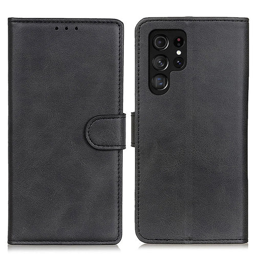 Folio Flip Well-Protected Leather Phone Shell Stand Wallet Cover for Samsung Galaxy S22 Ultra 5G - Black - 1