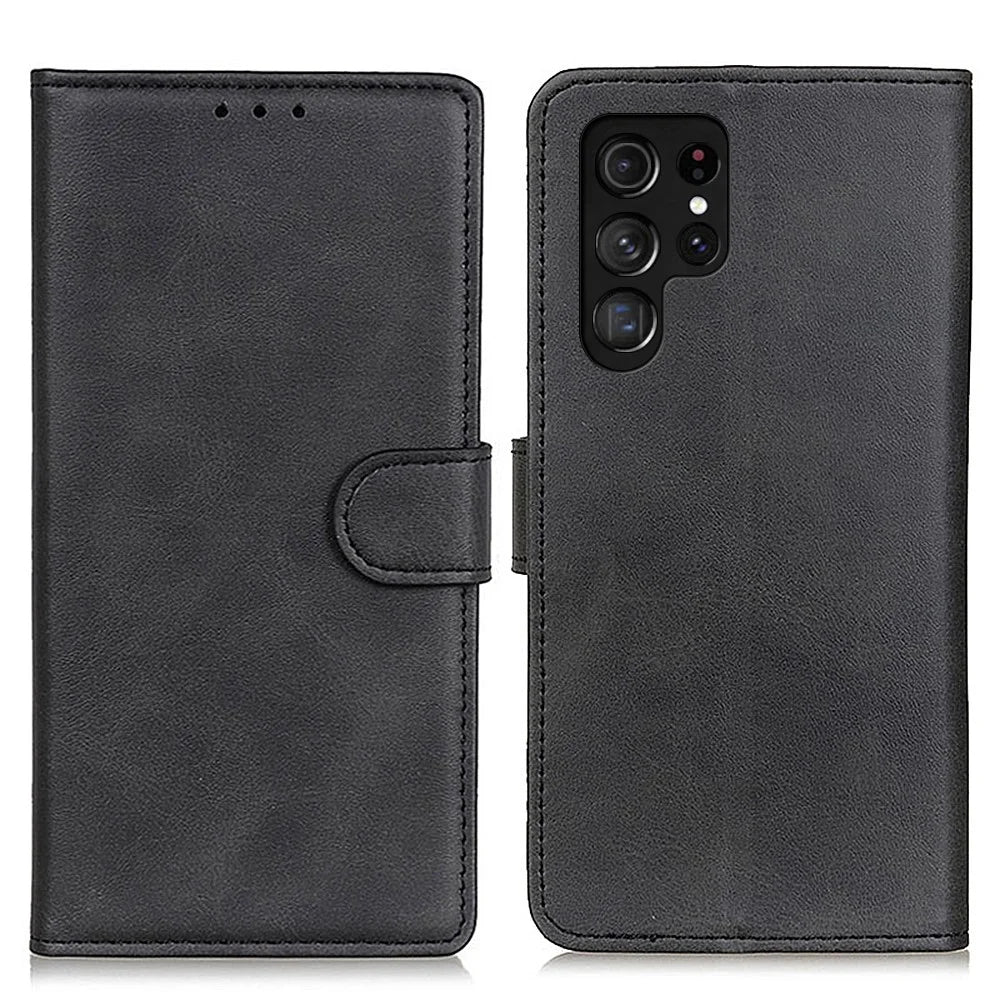 Folio Flip Well-Protected Leather Phone Shell Stand Wallet Cover for Samsung Galaxy S22 Ultra 5G - Black - 1