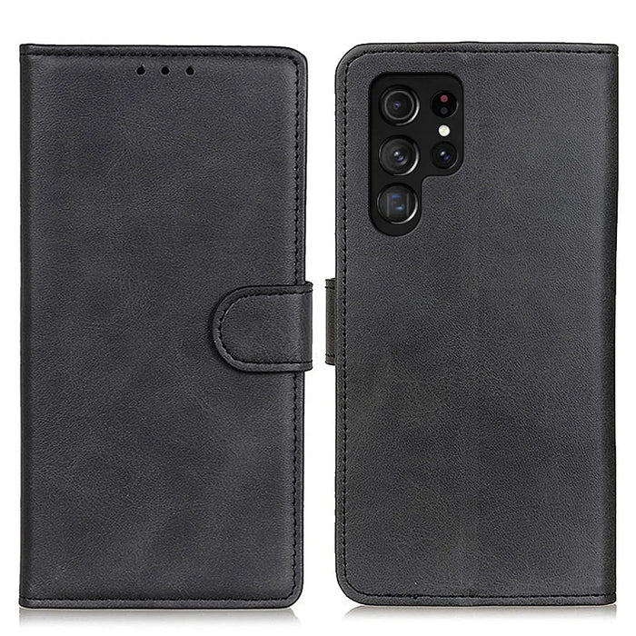Folio Flip Well-Protected Leather Phone Shell Stand Wallet Cover for Samsung Galaxy S22 Ultra 5G - Black - 1