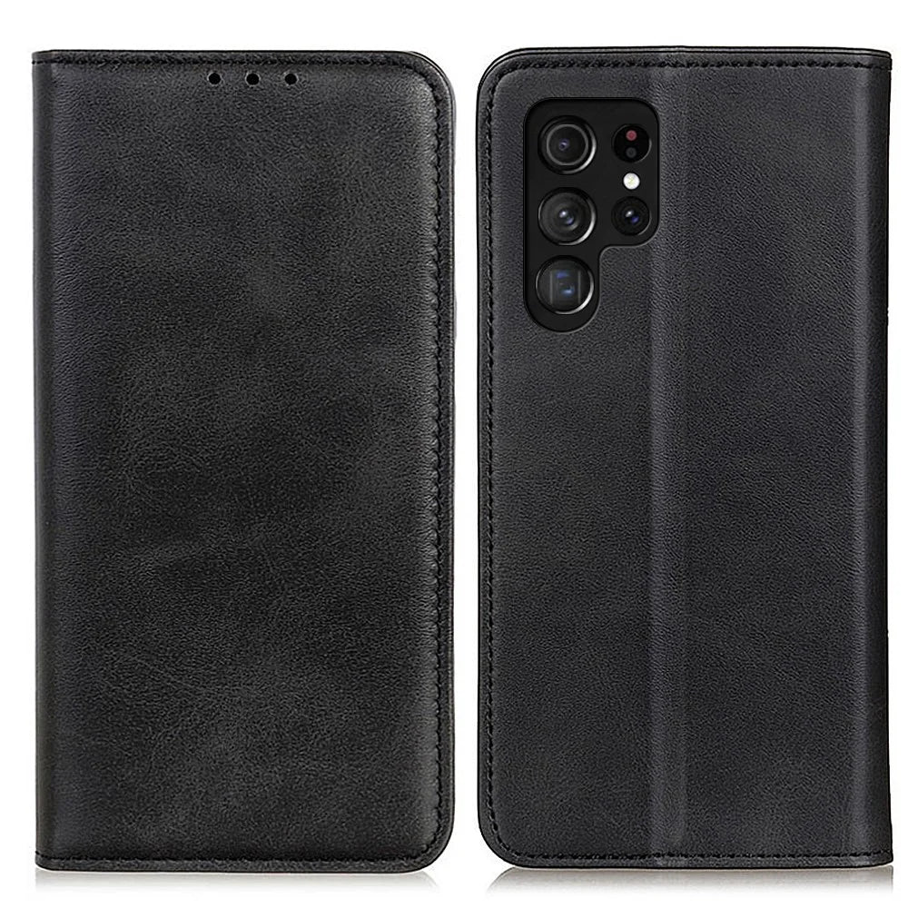 Split Leather Wallet Stand Design Magnetic Auto Closing Phone Case Cover for Samsung Galaxy S22 Ultra 5G - Black - 1