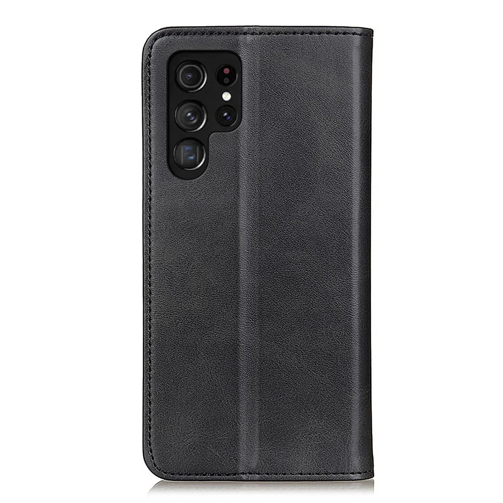 Split Leather Wallet Stand Design Magnetic Auto Closing Phone Case Cover for Samsung Galaxy S22 Ultra 5G - Black - 3