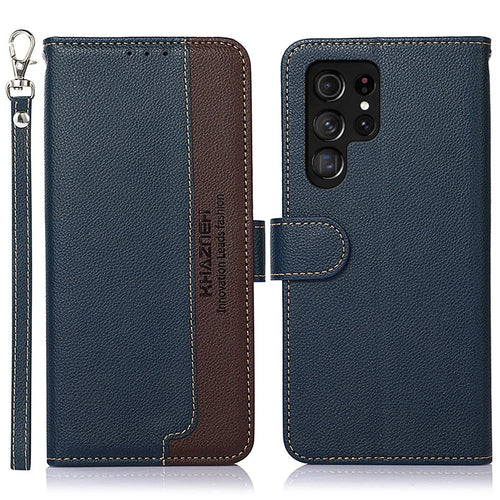 KHAZNEH RFID Blocking Litchi Texture Wallet Stand Leather Protective Phone Case Shell for Samsung Galaxy S22 Ultra 5G - Blue - 1