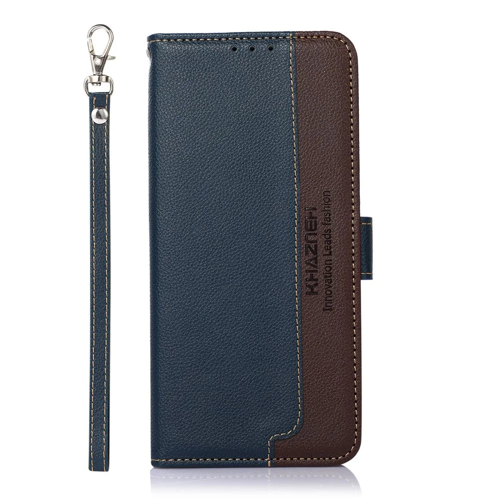 KHAZNEH RFID Blocking Litchi Texture Wallet Stand Leather Protective Phone Case Shell for Samsung Galaxy S22 Ultra 5G - Blue - 2