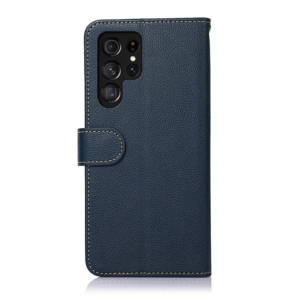 KHAZNEH RFID Blocking Litchi Texture Wallet Stand Leather Protective Phone Case Shell for Samsung Galaxy S22 Ultra 5G - Blue - 3
