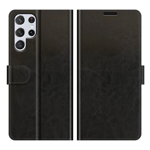 Retro Crazy Horse Texture Shockproof Leather Phone Cover Shell with Wallet Stand Design for Samsung Galaxy S22 Ultra 5G - Black - 1