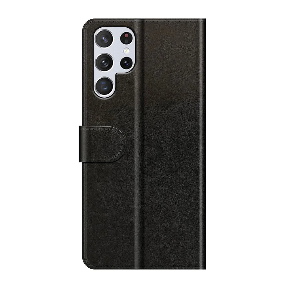 Retro Crazy Horse Texture Shockproof Leather Phone Cover Shell with Wallet Stand Design for Samsung Galaxy S22 Ultra 5G - Black - 3