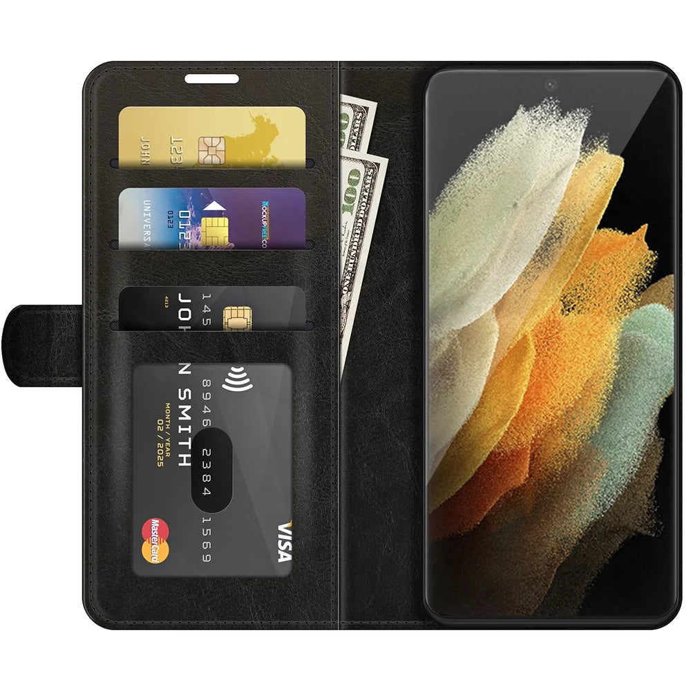 Retro Crazy Horse Texture Shockproof Leather Phone Cover Shell with Wallet Stand Design for Samsung Galaxy S22 Ultra 5G - Black - 4