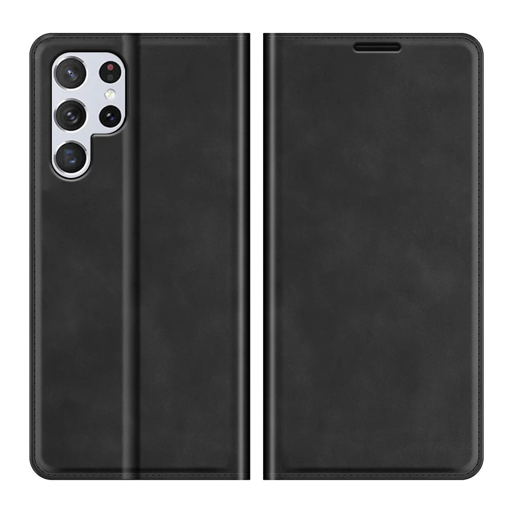 Automatic Magnet Closure Flip Phone Shell Stand Design Skin-Touch Super Leather Case Cover with Wallet for Samsung Galaxy S22 Ultra 5G - Black - 1