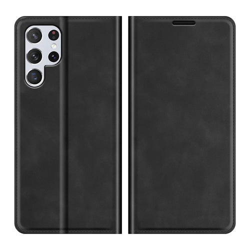 Automatic Magnet Closure Flip Phone Shell Stand Design Skin-Touch Super Leather Case Cover with Wallet for Samsung Galaxy S22 Ultra 5G - Black - 1