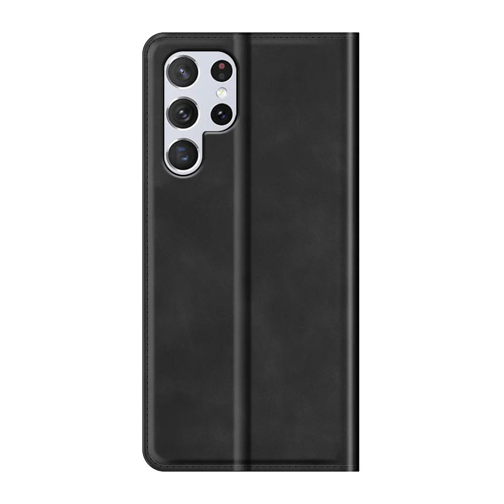 Automatic Magnet Closure Flip Phone Shell Stand Design Skin-Touch Super Leather Case Cover with Wallet for Samsung Galaxy S22 Ultra 5G - Black - 3