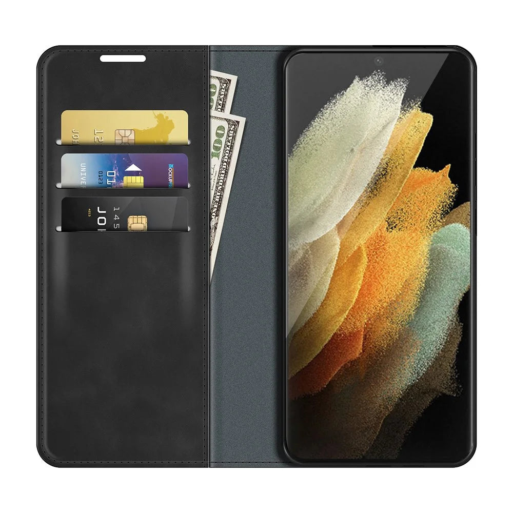Automatic Magnet Closure Flip Phone Shell Stand Design Skin-Touch Super Leather Case Cover with Wallet for Samsung Galaxy S22 Ultra 5G - Black - 4